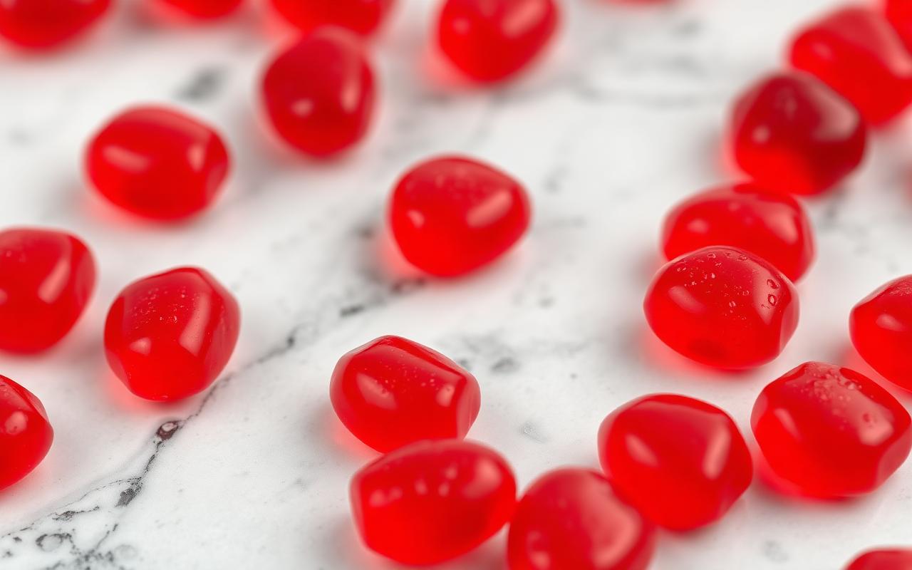 Close-up of red Lyvaris male enhancement gummies on marble